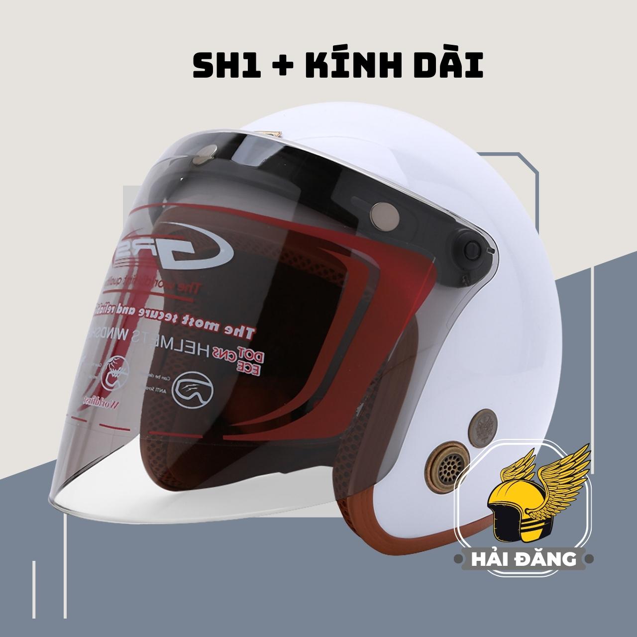 Combo Mũ Bảo Hiểm 3/4 đầu Napoli SH1 N099 trắng lót nâu Freesize 55-58cm + Kính chắn bụi chắn gió (kính dài)