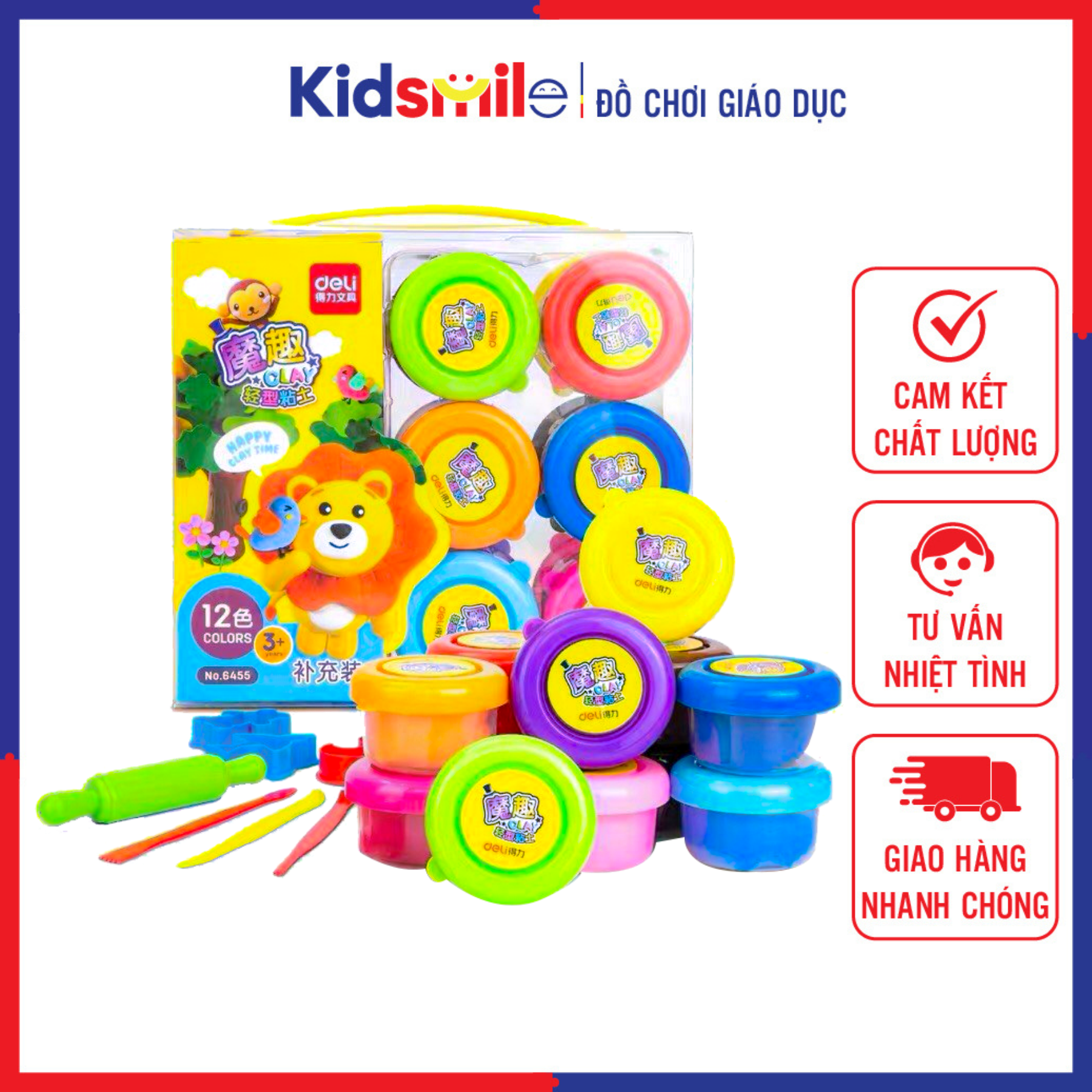 Bộ đồ chơi đất nặn Deli 12 màu, 8 dụng cụ nặn, chất liệu cao cấp an toàn với trẻ nhỏ