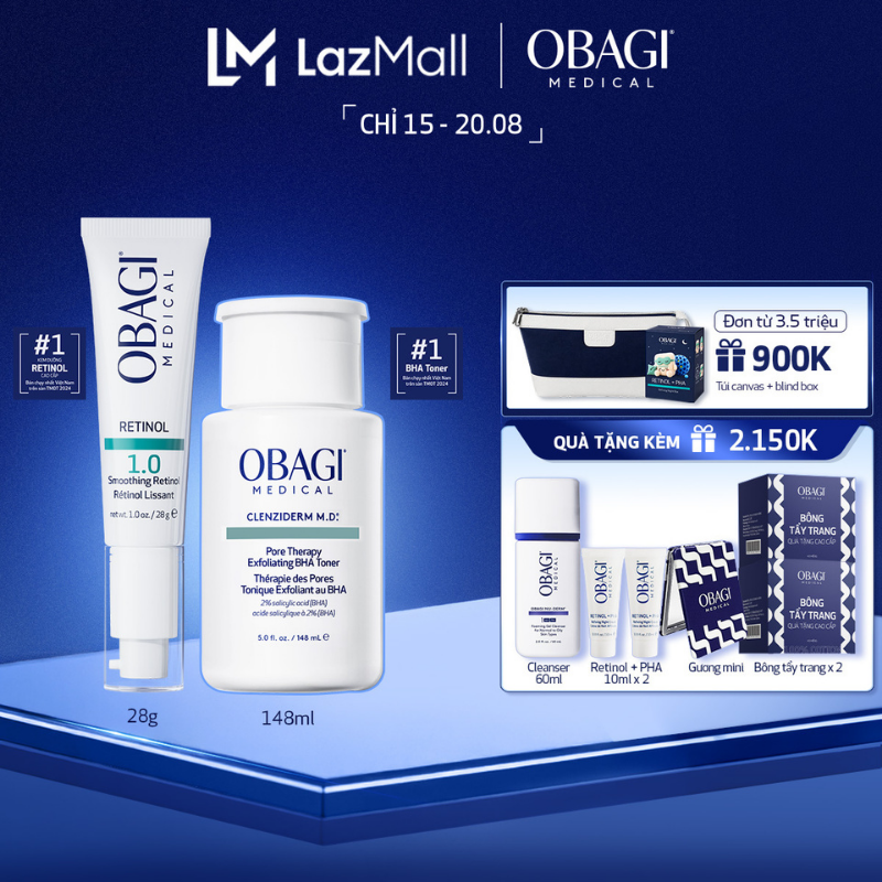 Bộ đôi dưỡng da Toner chứa 2% BHA Obagi Clenziderm M.D. Exfoliating 148ml và Kem Dưỡng Làm Mờ Nếp Nhăn, Mờ Thâm  Làm Đều Màu Da Obagi Retinol 1.0 28g