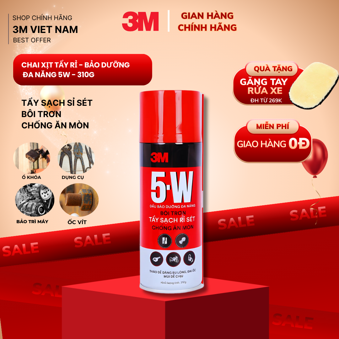  Chất Tẩy Rỉ Sét Và Bôi Trơn 3MTM 5-W 310g - Hàng chính hãng - Tẩy sét bôi trơn các loại ổ khóa khe cửa lùa đẩy nước ra khỏi ổ khóa xe bugi công tắc ôtô xe máy sau khi rửa xe ngập nước. 