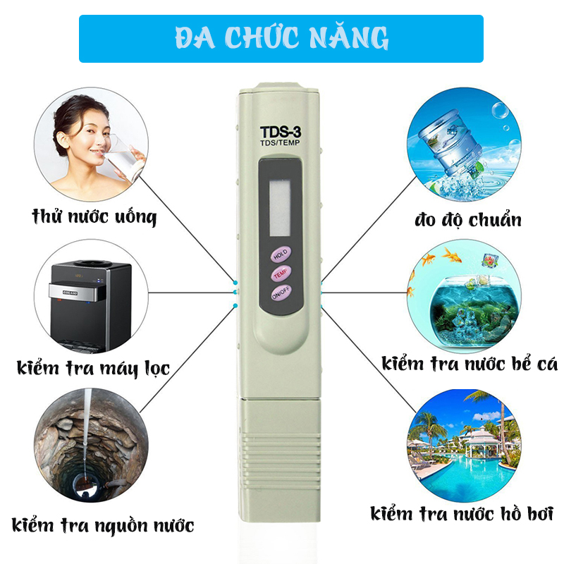 Bút Thử Nước Kèm Đo Nhiệt Độ TDS 3/Đo PH LOẠI XỊN, Độ Chính Xác Cao, Màn Hình LCD Hiển Thị, Nhỏ Gọn Tiện Dụng, Bảo Hành 12 Tháng - Lỗi 1 Đổi 1