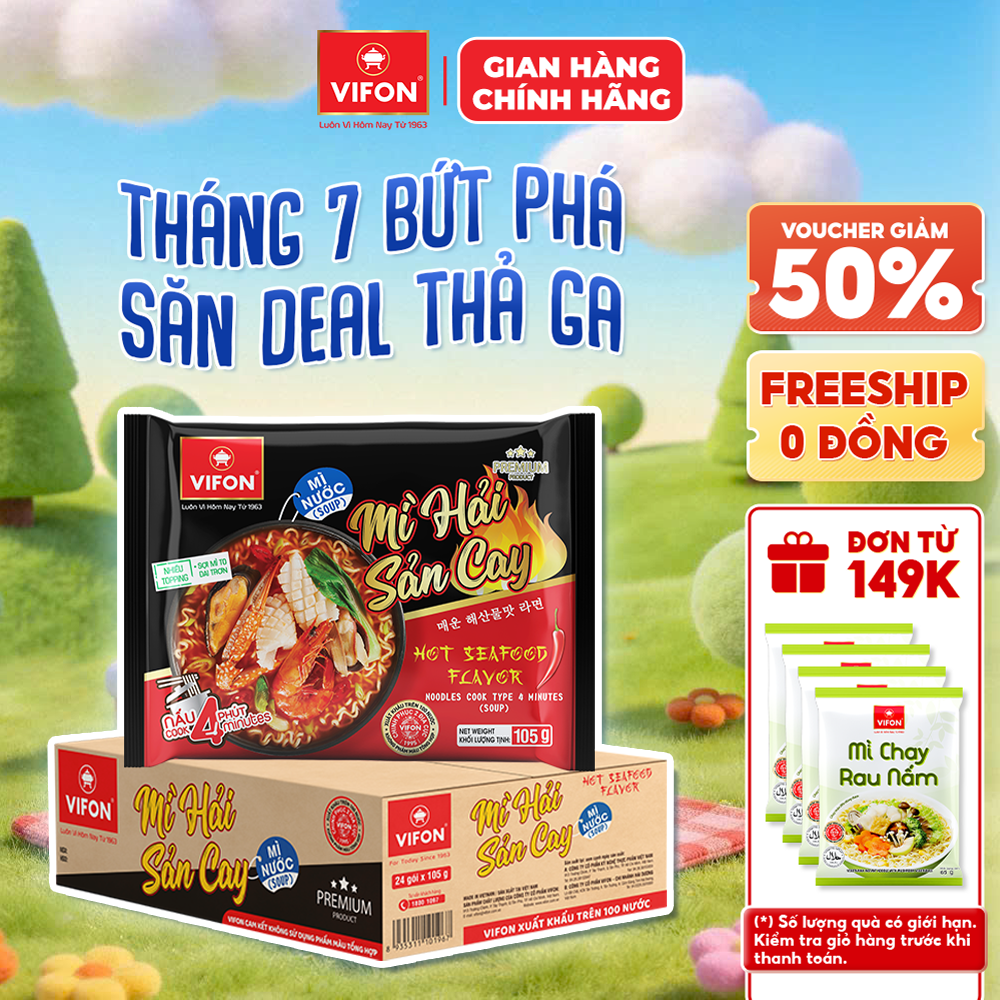 [Voucher 28% đơn từ 400K] Thùng 24 Gói Mì Hải Sản Cay VIFON 105g Sợi Mì Dai Ngon Nước Dùng Cay Đậm Vị