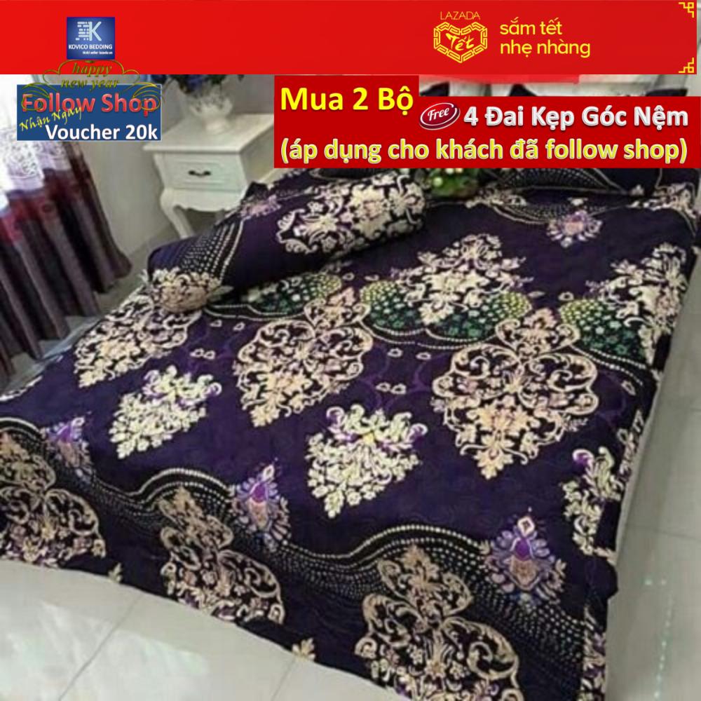 (FreeShip MAX) Bộ chăn ga gối phủ Hoa Móc 3D tím xanh