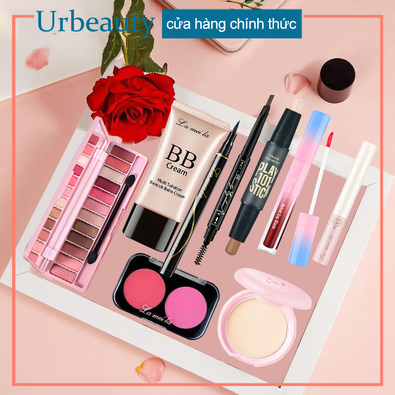 【Urbeauty】Bộ trang điểm cá nhân LAMEILA 9 món tiện lợi Kem BB che khuyết điểm（kem nền） + Phấn phủ kiềm dầu+Phấn bảng mắt +Mascara+Chì kẻ mày +Bút dạ kẻ mắt+phấn má+Bút tạo khối+son lì