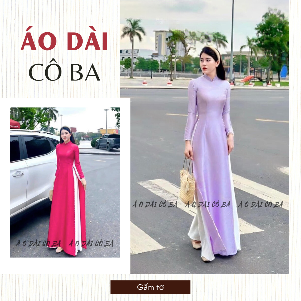 Áo dài truyền thống lụa vân gỗ đính ngọc viền tà sang trọng, tôn dáng - Áo dài cô ba