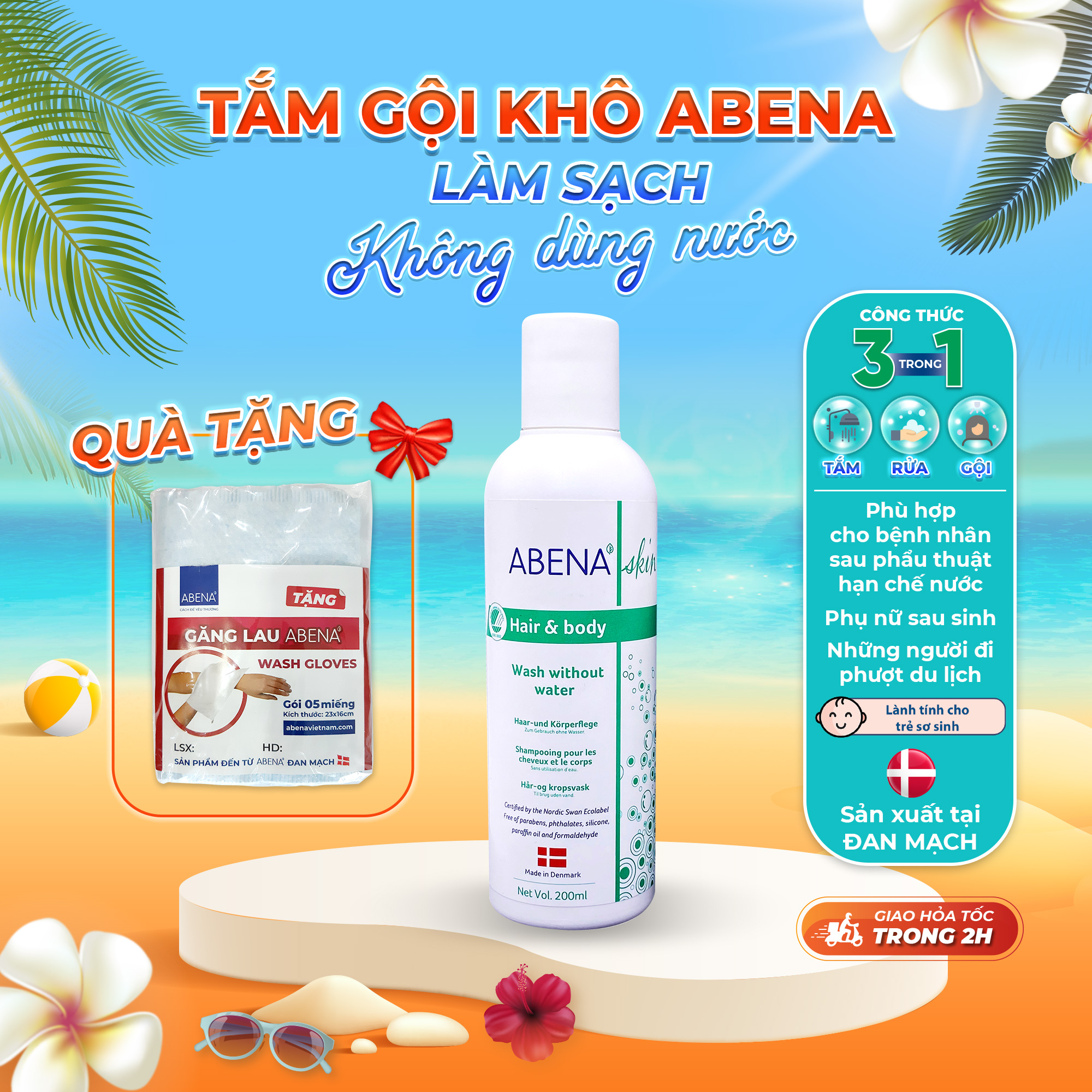 Dầu gội tắm khô Abena tặng kèm 5 găng lau giúp làm sạch dịu nhẹ an toàn cho da - Nhập Khẩu Đan Mạch