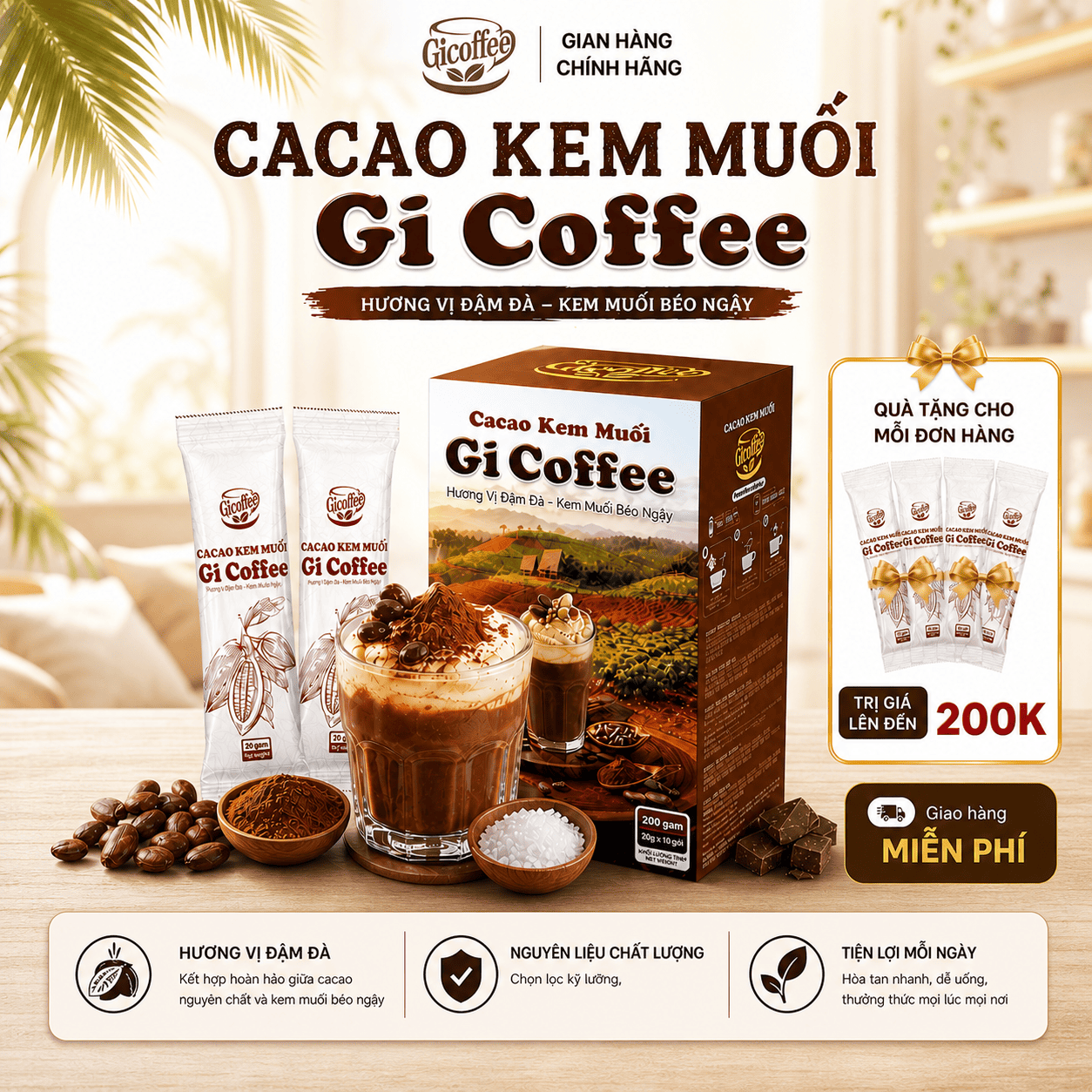 CaCao Kem Muối Gicoffee Thơm Béo Đậm Đà - Ít Ngọt (1 Hộp Gồm 10 Gói x20g)