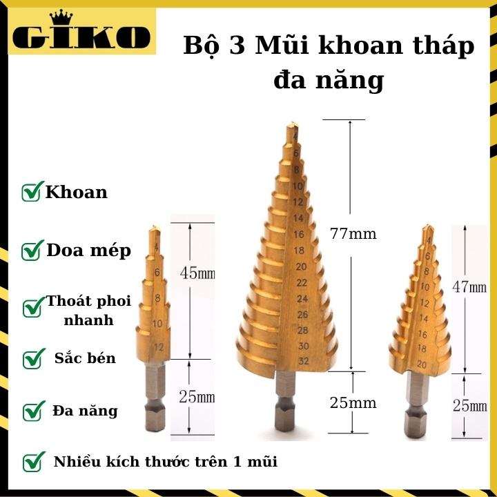 Bộ 3 mũi khoan tháp Chuôi lục giác khoan bước, khoan chùa, khoan xoắn mở lỗ 4-12,4-20,4-32 mũi khoan đa năng