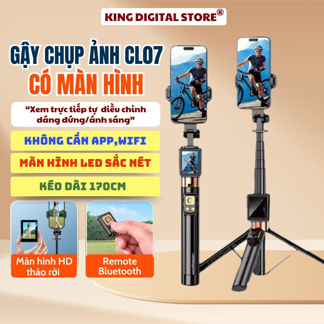 Gậy Quay Phim Đa Năng CL07 với Màn Hình Bluetooth HD, Tripod 3 Chân, Remote, Kết Nối Không Dây, Phổ Thông - Màu Đen
