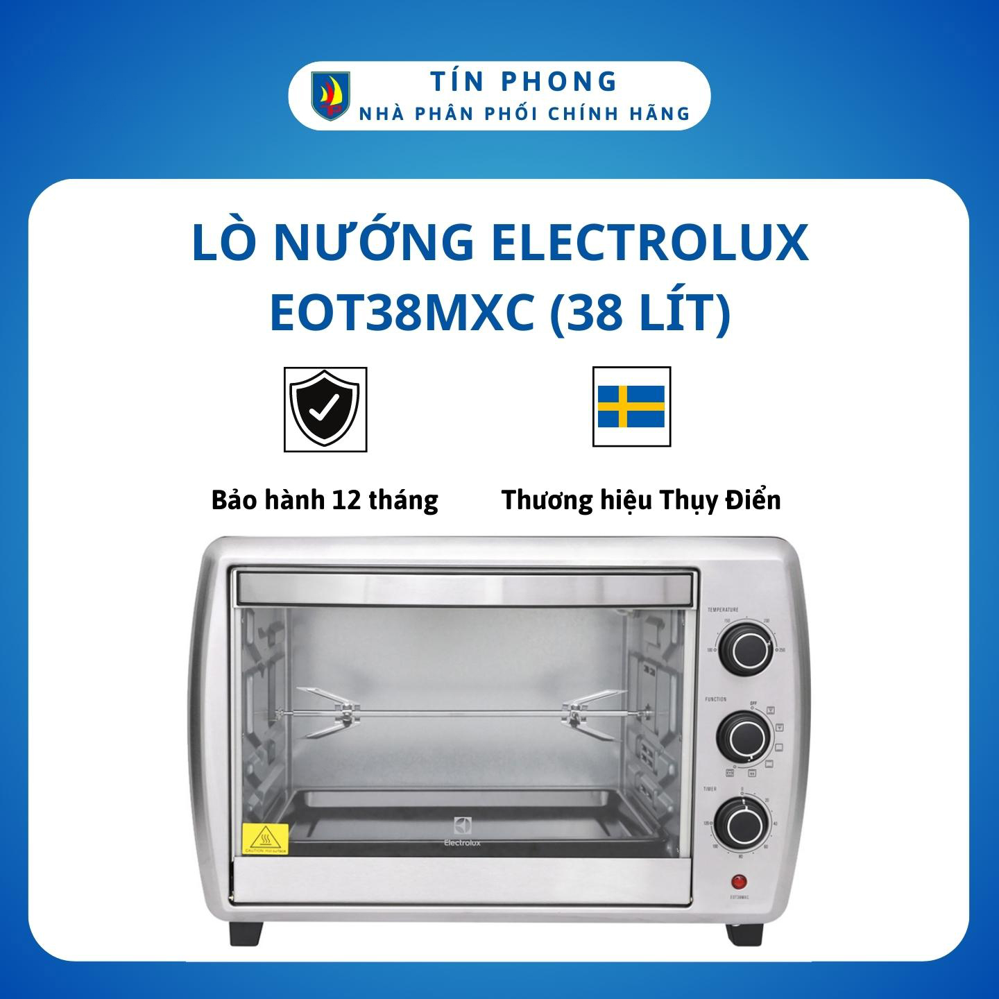 [Giao Hỏa Tốc 2H] LÒ NƯỚNG, LÒ NƯỚNG ĐIỆN ELECTROLUX EOT38MXC. Dung tích: 38 lít. Công suất: 2100 W. Bảng điều khiển: Nút xoay. Công nghệ làm nóng: Làm nóng điện trở.