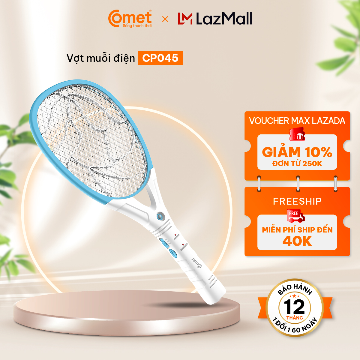 Vợt Muỗi Comet CP045 thiết kế nhỏ gọn trọng lượng nhẹ và chắc chắn màu xanh hoặc cam - Hàng Chính Hãng