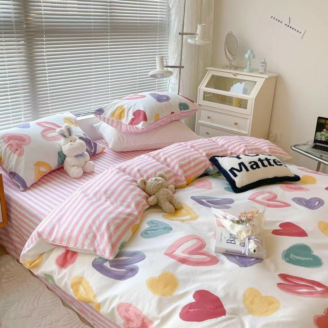 Bộ chăn ga gối phong cách Hàn Quốc trái tim xanh bo chun đủ kích thước