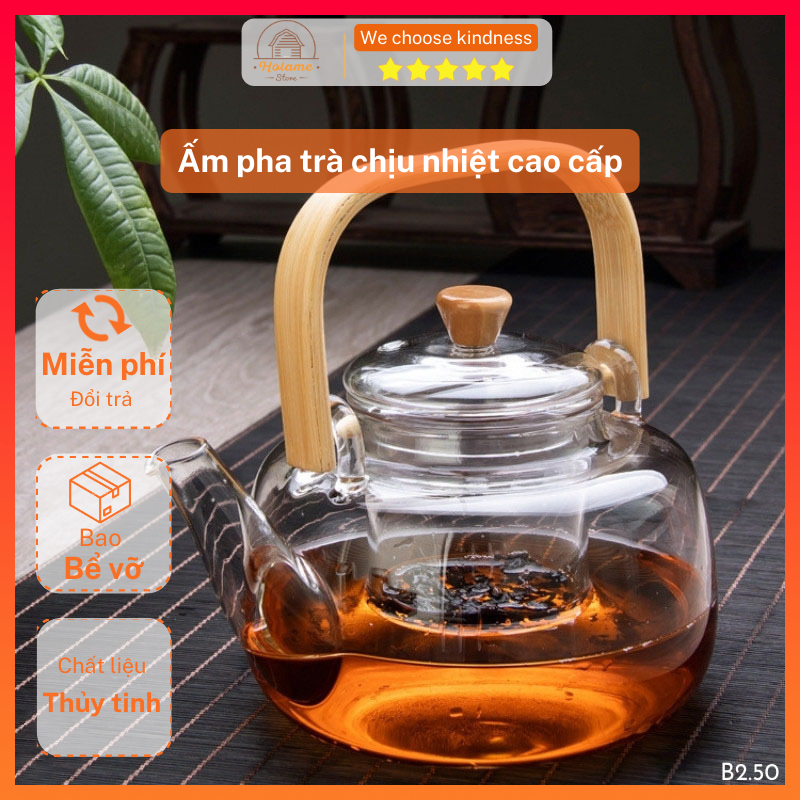 Ấm pha trà thủy tinh, bình pha trà thủy tinh chịu nhiệt có lõi lọc và quai gỗ tre 900ml