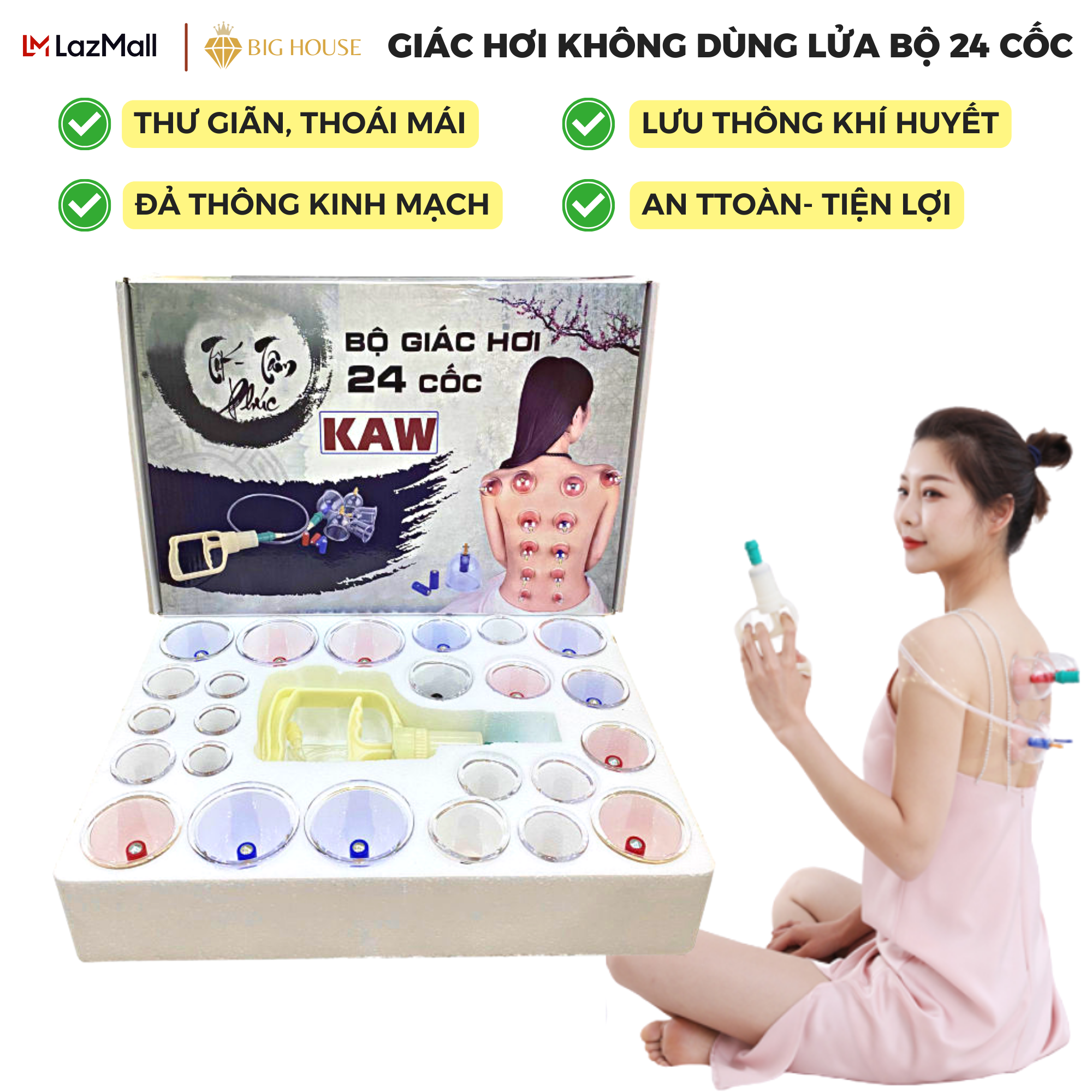 Giác hơi chân không kaw, dụng cụ cạo gió giác hơi cầm tay - không dùng lửa, nhựa nguyên sinh 24 cốc