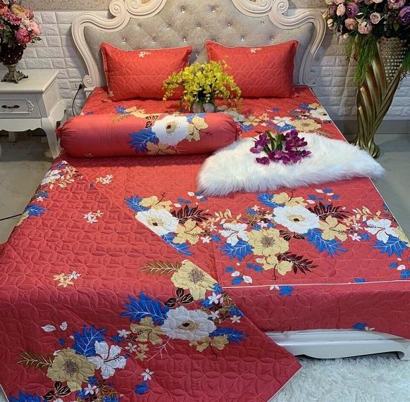 Trọn Bộ 5 món Chăn Ga Gối Phủ Chần Bông Mẫu Chùm dây đỏ