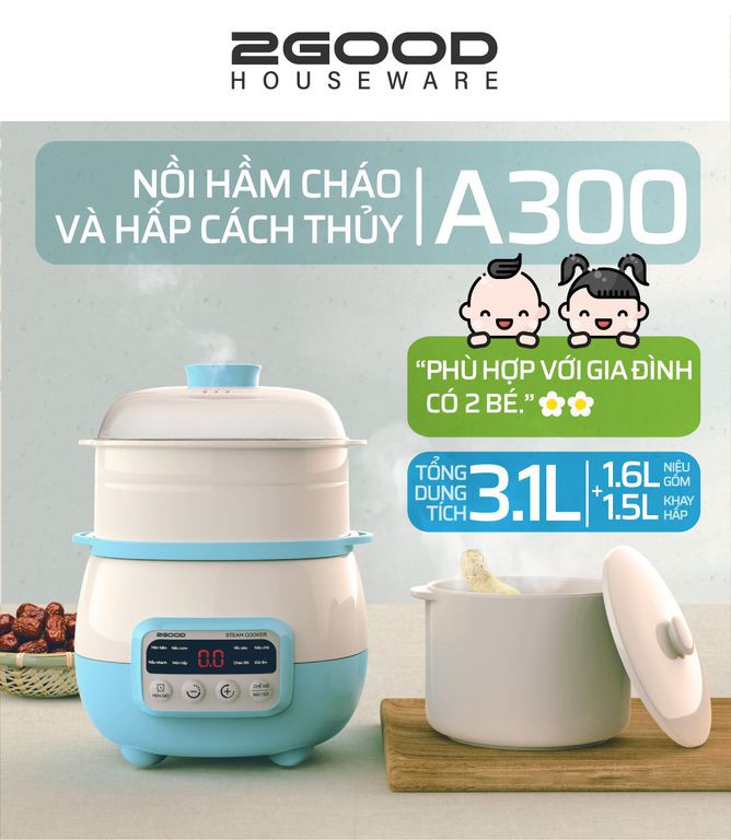 Nồi hầm cháo cách thủy 2good a300 2 tầng an toàn tiện dụng. bảo hành 24 tháng chính hãng