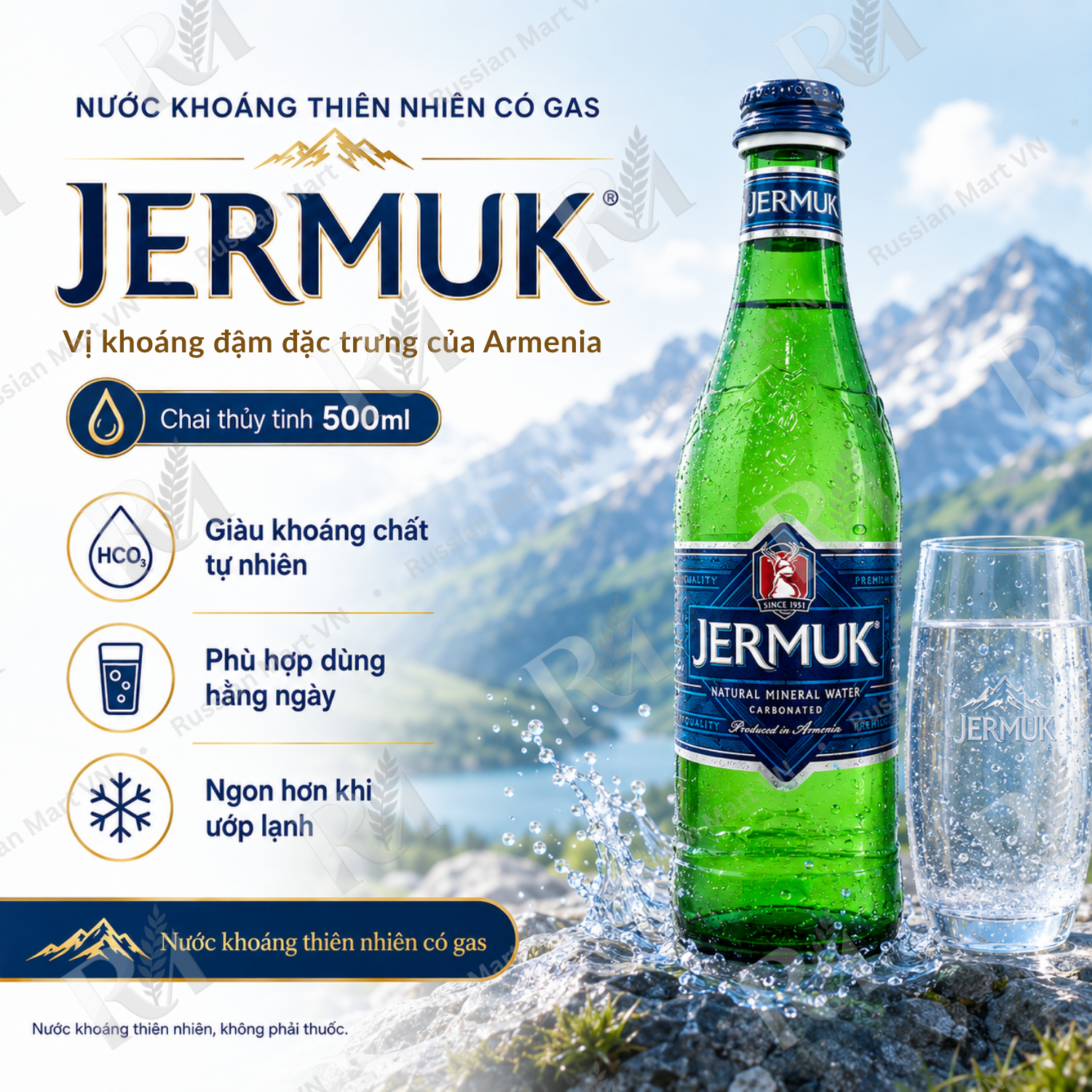 Nước Khoáng Thiên Nhiên Có Gas Jermuk 500ml Chai Thủy Tinh - Soda Khoáng Armenia, Nước Soda Có Gas Giàu Khoáng Tự Nhiên (Bicarbonat, Sulfat, Natri, Canxi, Magie), Vị Khoáng Đậm, Dùng Hằng Ngày Cho Gia Đình & Thể Thao - Russian Mart VN
