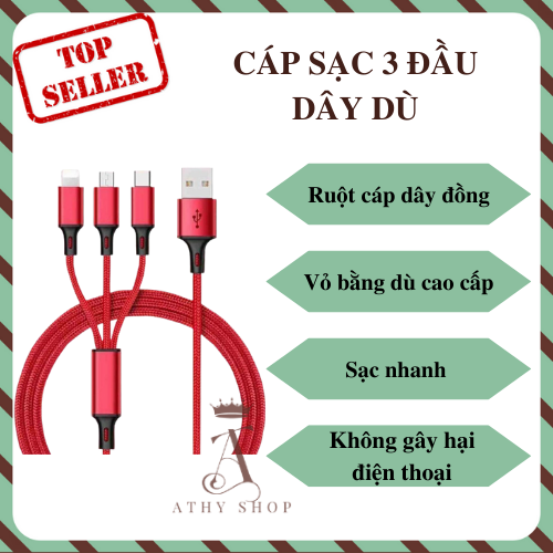 CÁP SẠC 3 ĐẦU DÂY DÙ 1M2 (LIGHTNING TYPE-C MICRO) dây sạc đa năng nhiều đầu chống rối chống đứt sạc được nhiều dòng điện thoại thông minh Apple Iphone Android sạc nhiều thiết bị cùng lúc