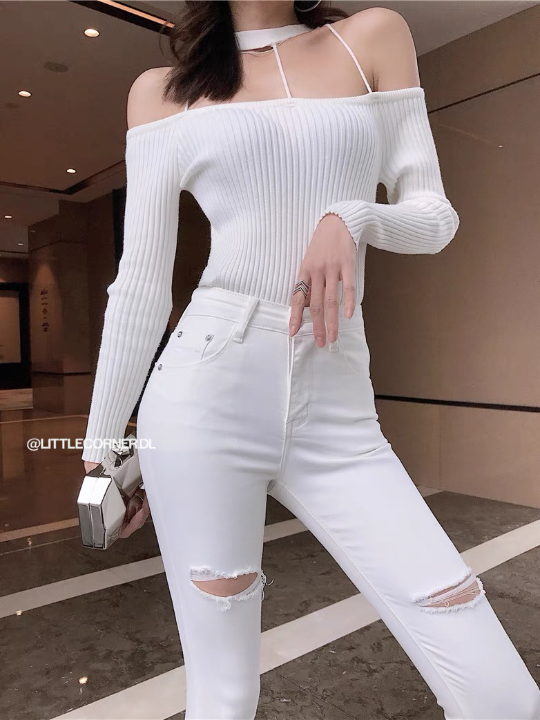 Quần TOPSHOP skinny jean nữ trắng đen rách gối lưng cao co dãn quảng châu