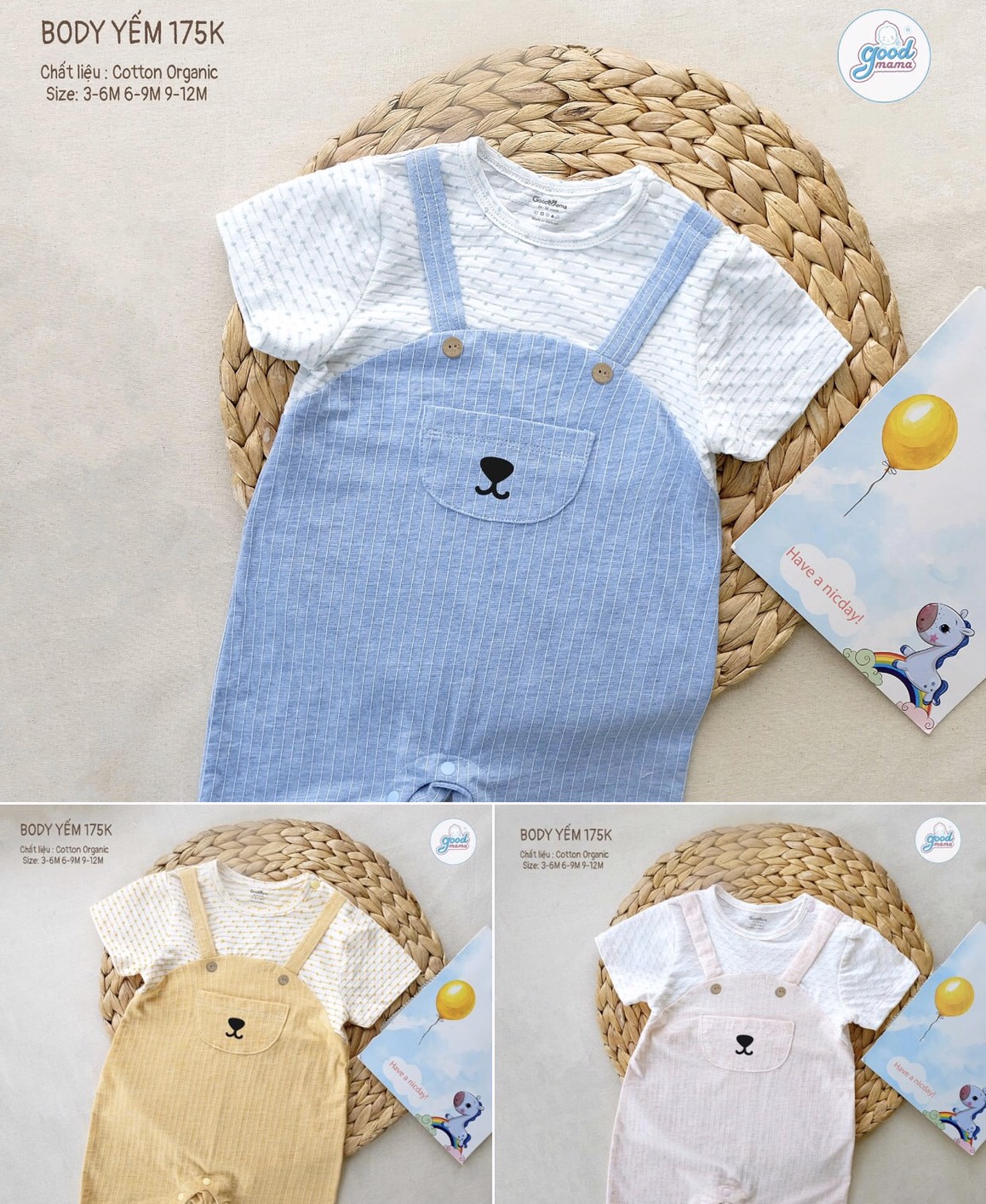 Body yếm cộc tay sz 3/6m, 6/9m, 9/12m