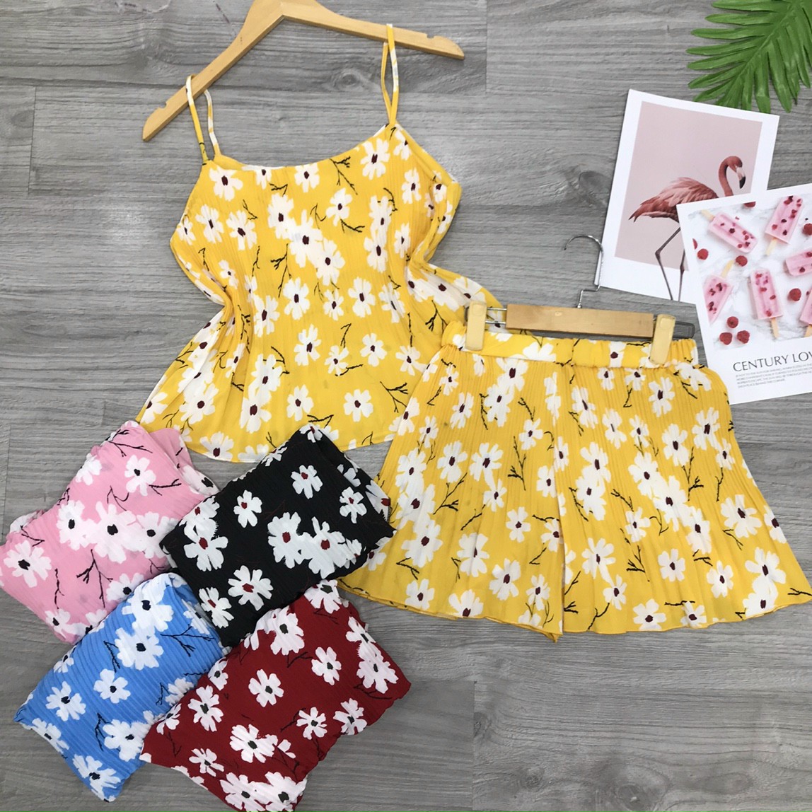 Bộ ngủ nữ mặc nhà, bộ lụa dập ly 2 dây quần ống rộng siêu mát chất đẹp Shop Yanyan
