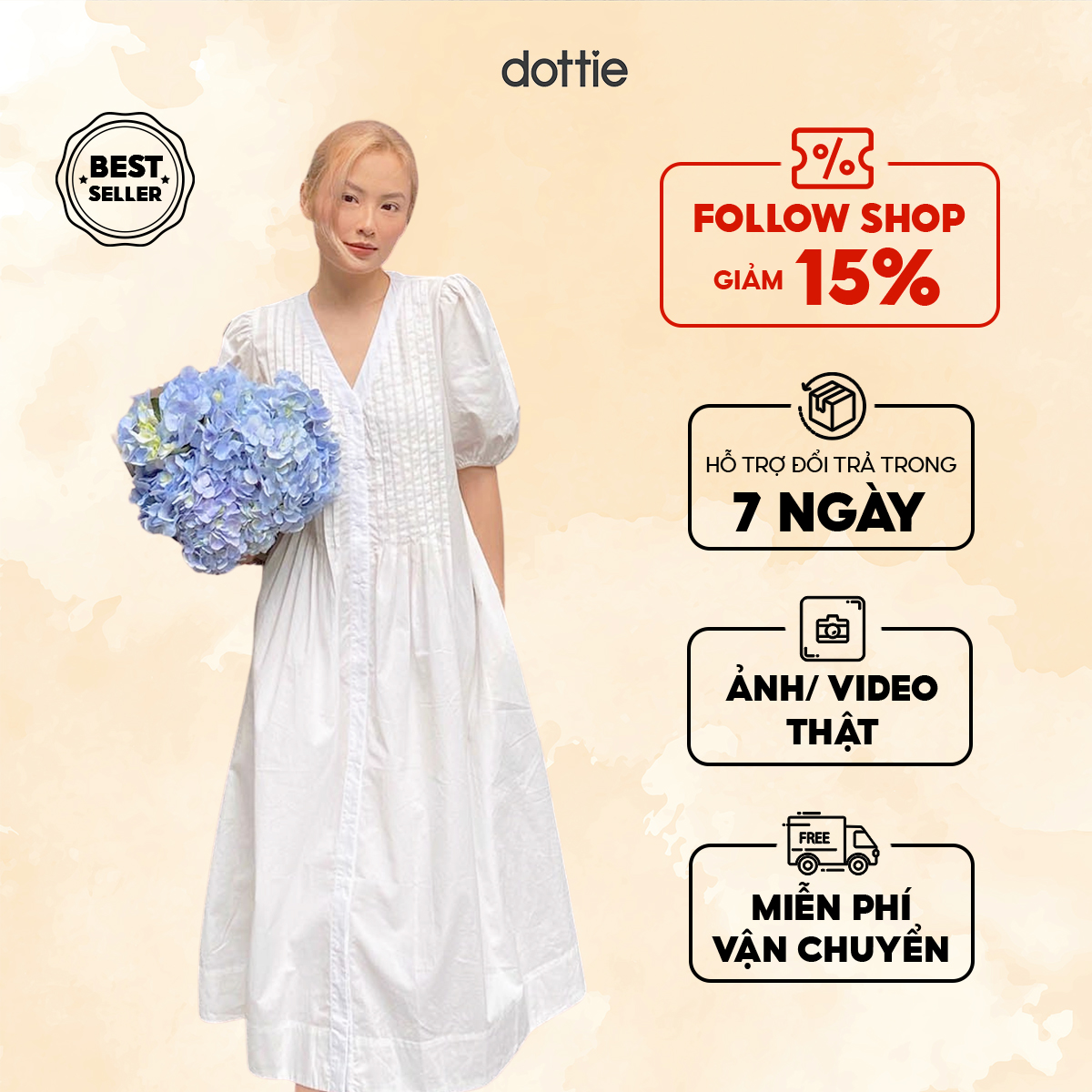 Dottie - đầm dài tay phồng xếp ly nữ dottie trắng - d0244