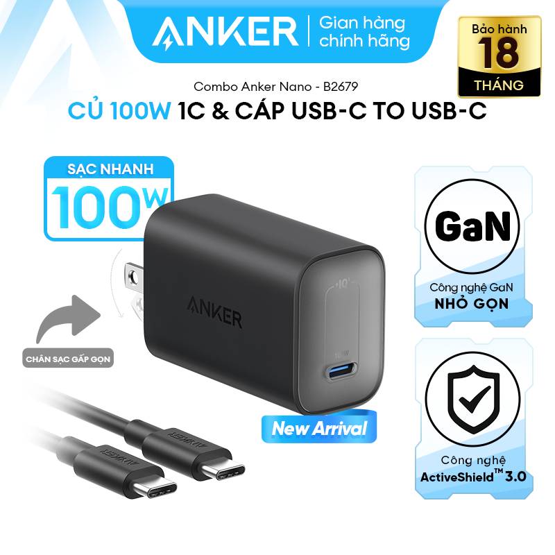Bộ sạc Anker Nano GaN 100W GaN - 1 cổng USB-C - Kèm Cáp sạc 1.8m USB-C có thể sạc laptop, hỗ trợ PPS 2.0 - B2679