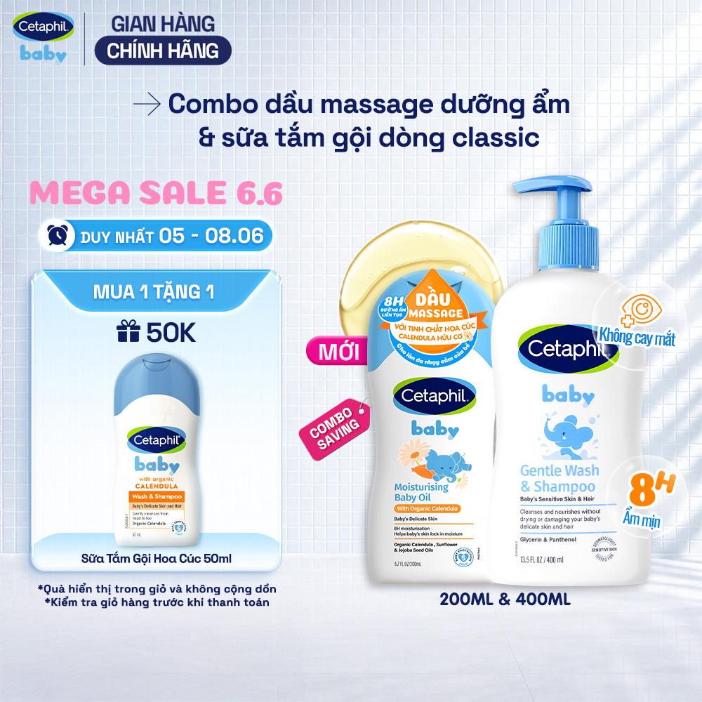 Combo Sữa tắm gội dịu lành cho bé GENTLE WS 400ML  Dầu massage dưỡng ẩm làm dịu Calendula Baby Oil 200ml
