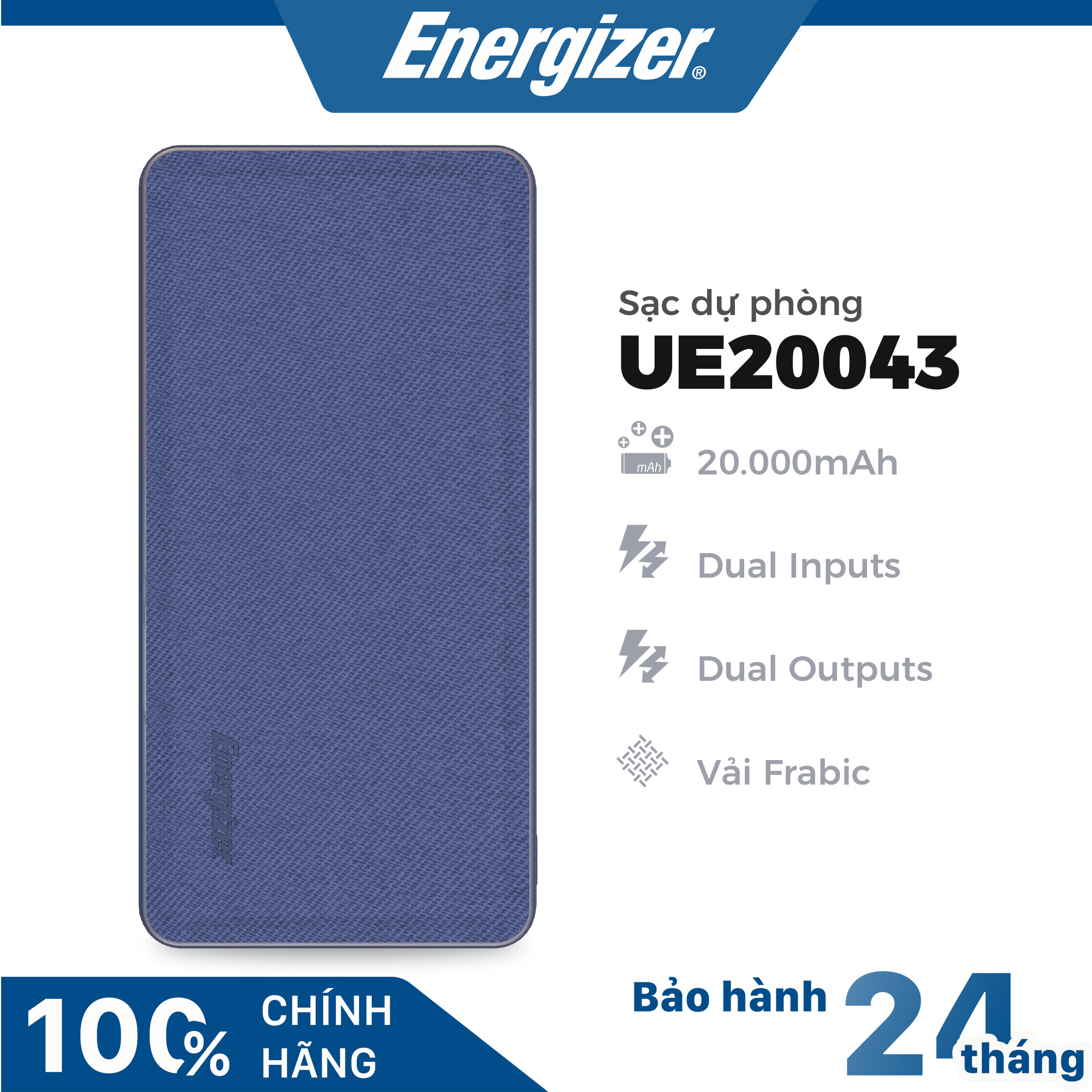 Sạc dự phòng Energizer UE20043 -20000mAh 2 cổng USB output, bọc vải Fabric thời trang chống bám vân tay