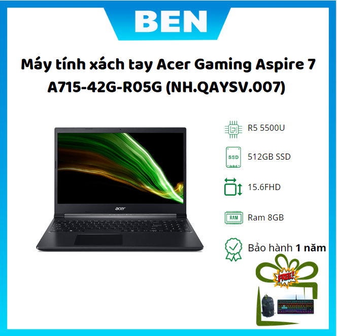 Máy tính xách tay Acer Gaming Aspire 7 A715-42G-R05G (NH.QAYSV.007) (R5 5500U/8GB RAM/512GB SSD/15.6 inch FHD 144Hz/GTX1650 4G/Win11/Đen)