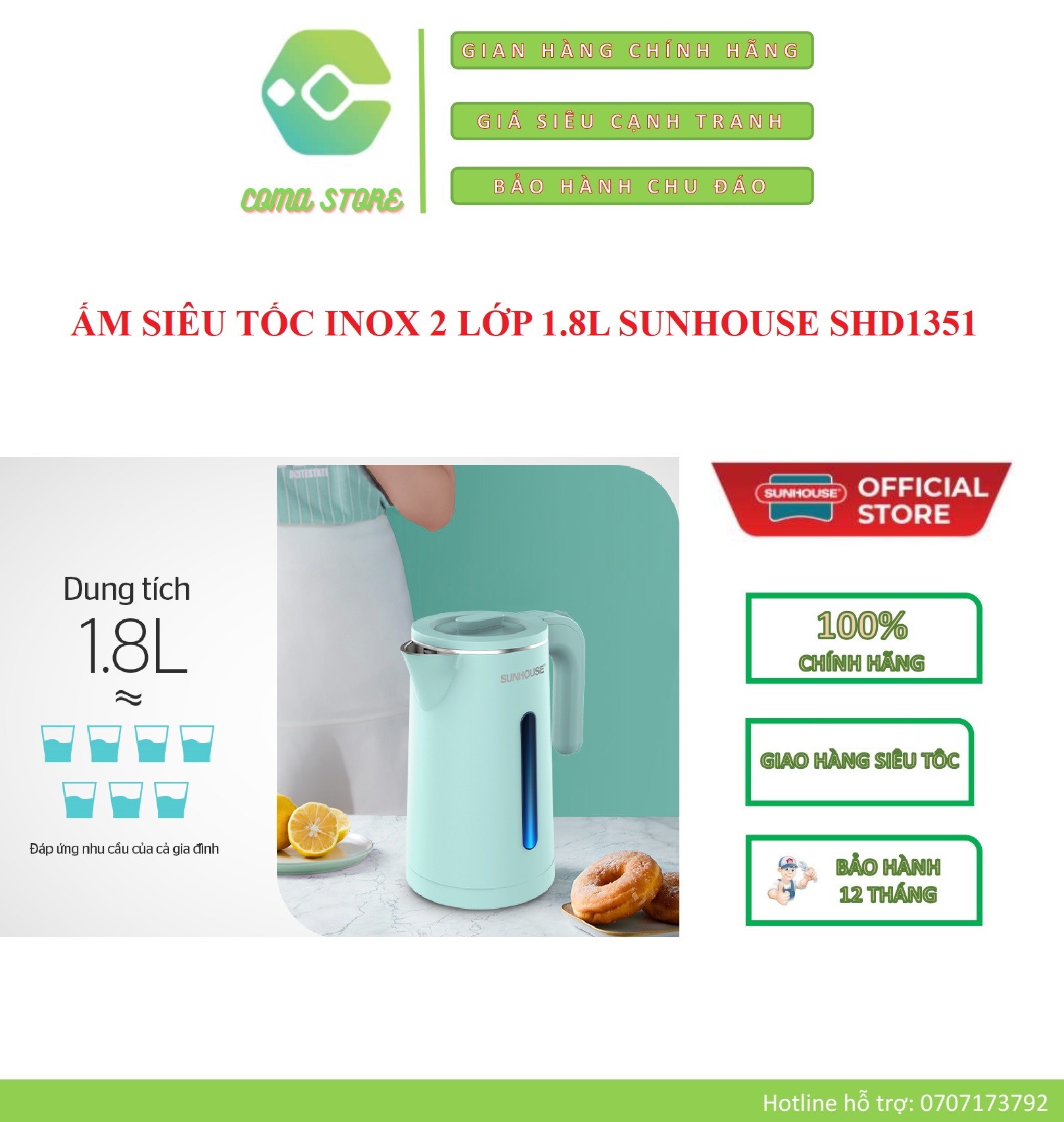 SHD1351 - ẤM SIÊU TỐC INOX 2 LỚP 1.8L SUNHOUSE - BẢO HÀNH CHÍNH HÃNG 12 THÁNG