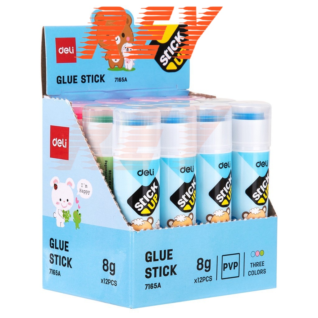 LỐC 12 chai hồ khô nhiều màu Deli 8g 7165A thao tác vặn lên dễ dàng an toàn khi sử dụng