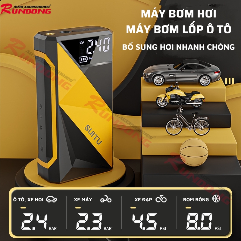 Máy bơm lốp xe ô tô Rundong ST-9617 đồng hồ điện tử, sạc dự phòng cao cấp | Tự động ngắt, đo áp suất, Led chiếu sáng, Pin Lithium