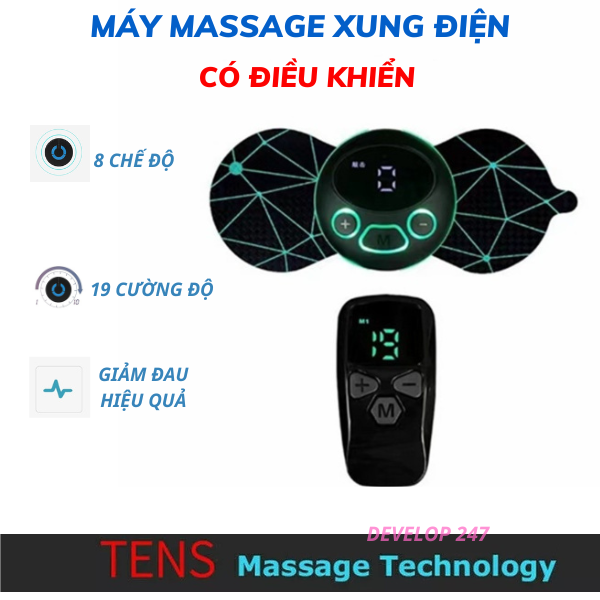 Miếng dán massage xung điện có điều khiển máy massage xung điện mini dán 8 chế độ - 19 cường độ giảm đau hiệu quả.