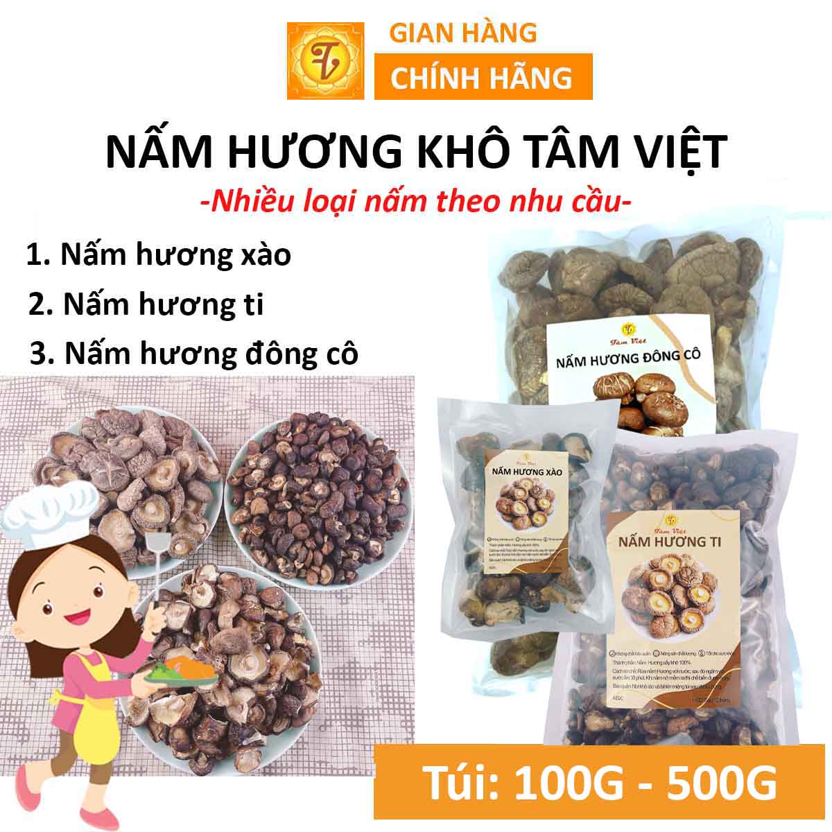 Nấm hương (tổng hợp), nấm hương xào, nấm hương ti, nấm đông cô, nấm cúc, nấm rừng, nấm khô