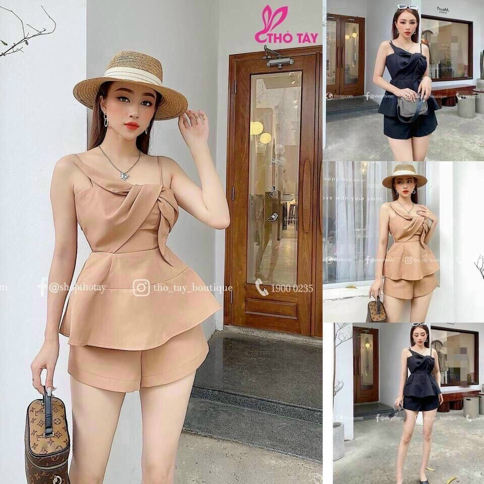 Sét bộ nữ áo 2 dây bèo nơ kèm quần đùi
