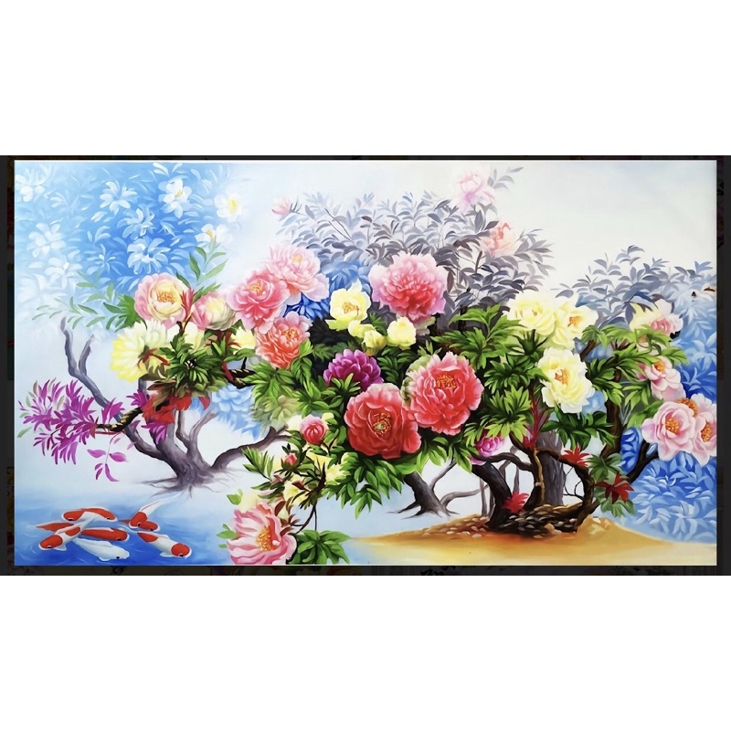 Tranh hoa mẫu đơn dán tường 3d. Tranh in vải lụa không thấm nước siêu bền
