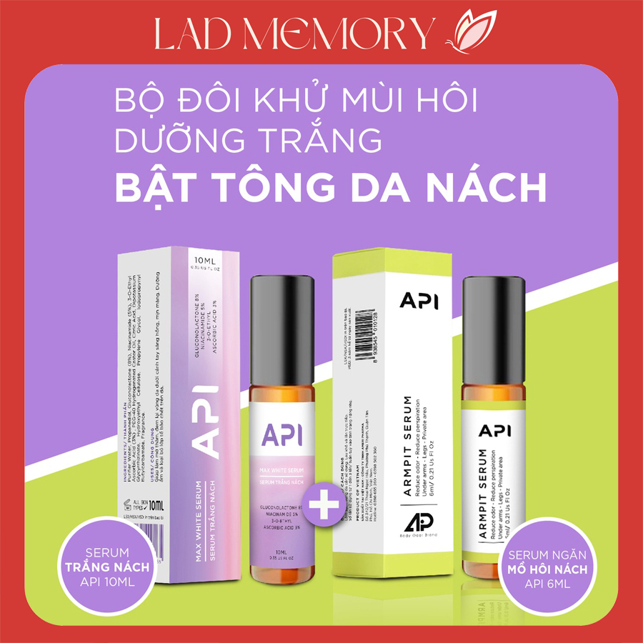 Bộ Đôi Lăn Khử Mùi Hôi Nách Dưỡng Trắng Nách API 10ml Son nách API khử mùi hôi ngăn tiết mồ hôi dưỡng sáng mờ thâm nách