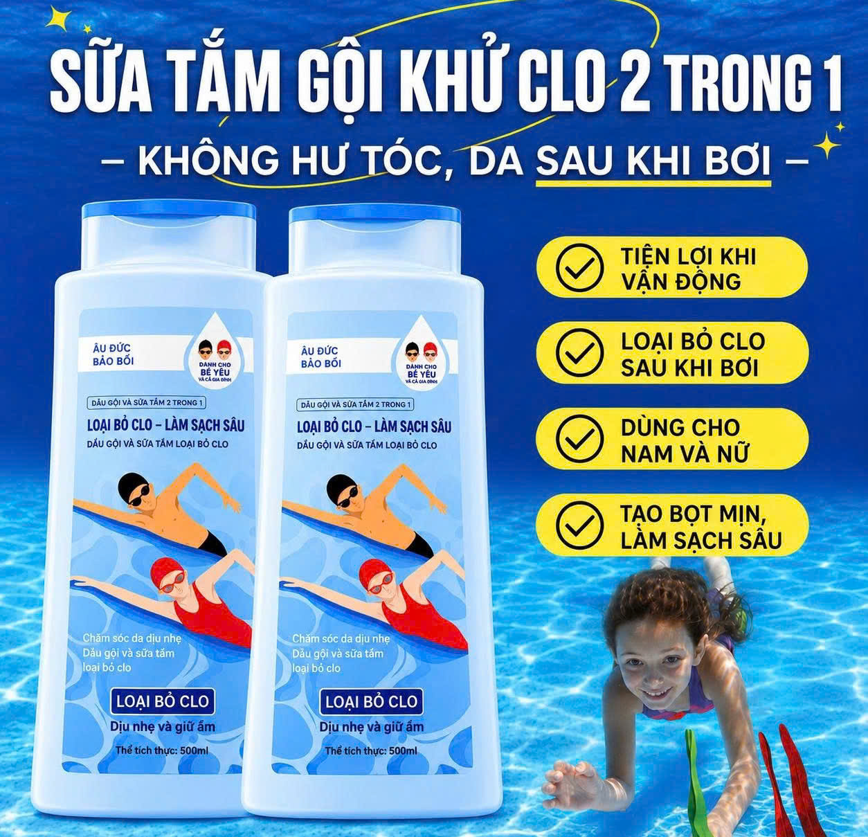 Dầu Gội & Sữa Tắm 2Trong1 Khử Clo Sau Bơi 500ml | Làm Sạch Clo Muối Biển Cho Da Tóc Sau Bơi