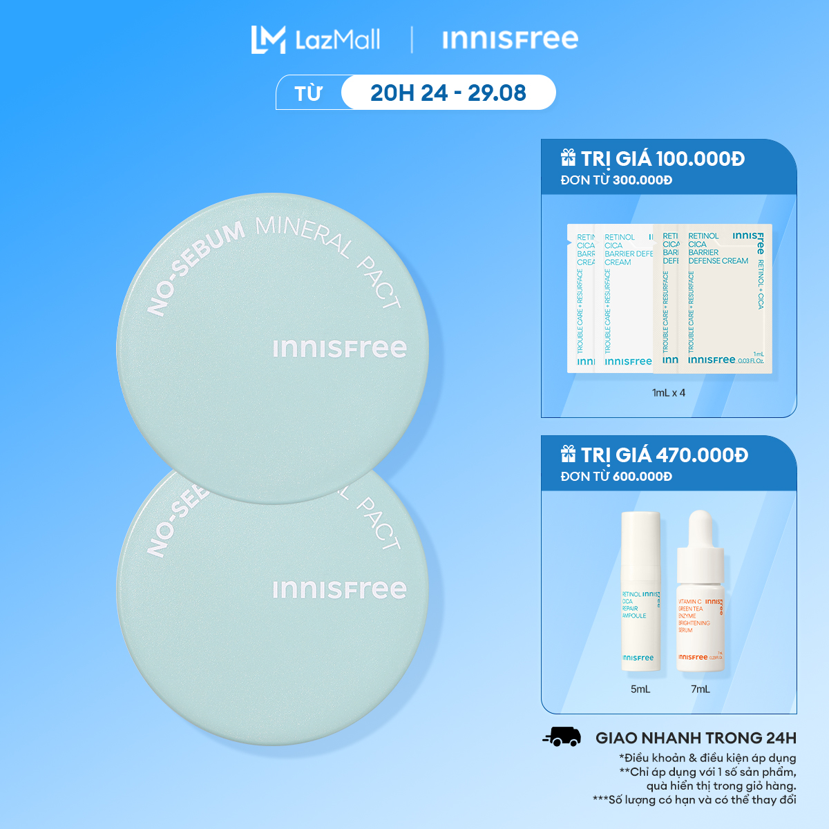Combo 2 phấn nén kiềm dầu innisfree no sebum mineral pact 8.5g