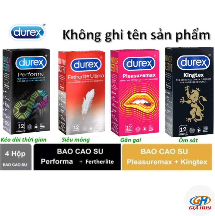 Combo 4 hộp bao cao su Durex Performa, fetherlite, pleasuremax, kingtex - 48 cái