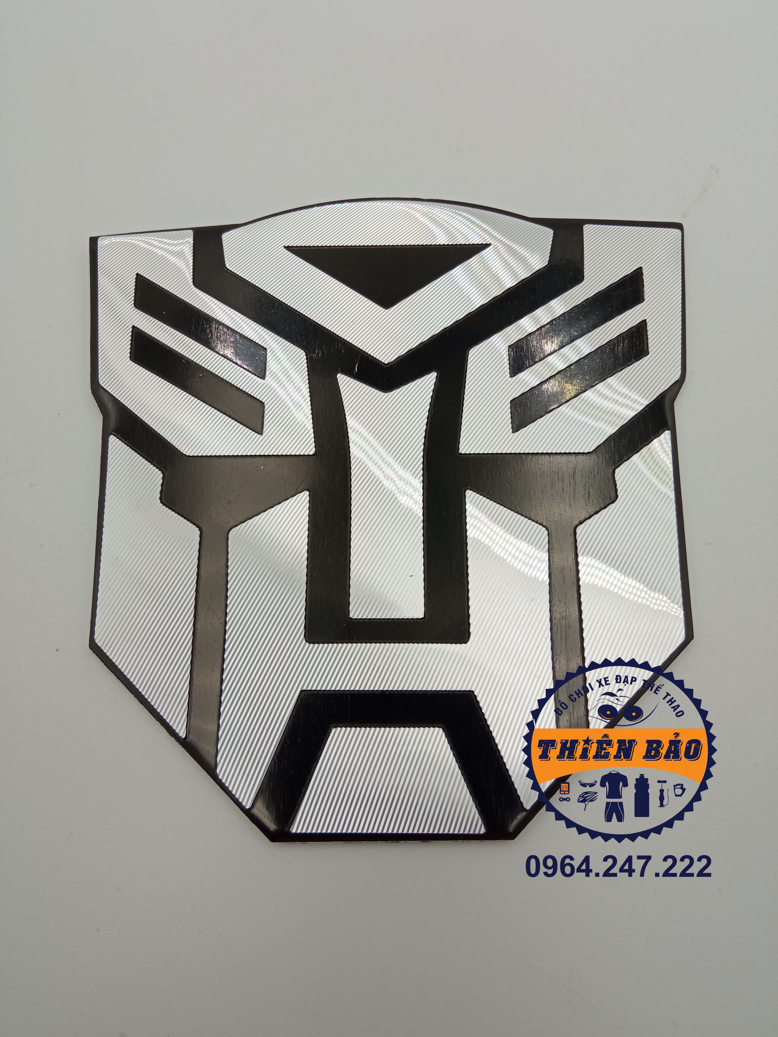 Tem nhôm dán xe Trans Produce, logo nhôm dán xe Transformer, sticker dán xe to màu Bạc không sừng #238