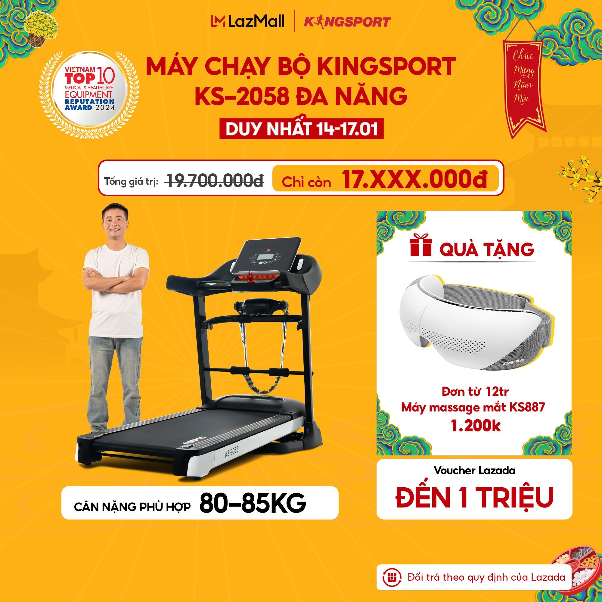 CHỈ GIAO MIỀN NAM| Máy chạy bộ KINGSPORT KS-2058 đa năng, nâng dốc tự động 18%, tốc độ tối đa 18km/h, khung sườn chắc chắn