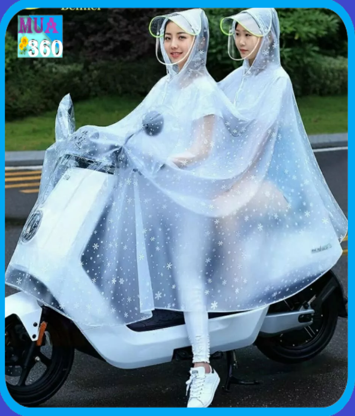 Áo mưa trong suốt có kính che mặt thiết kế thời trang cánh dơi 1 đầu + 2 đầu loại dày cao cấp - Áo mưa Hoa Tuyết trắng - Áo Mưa Cánh Dơi
