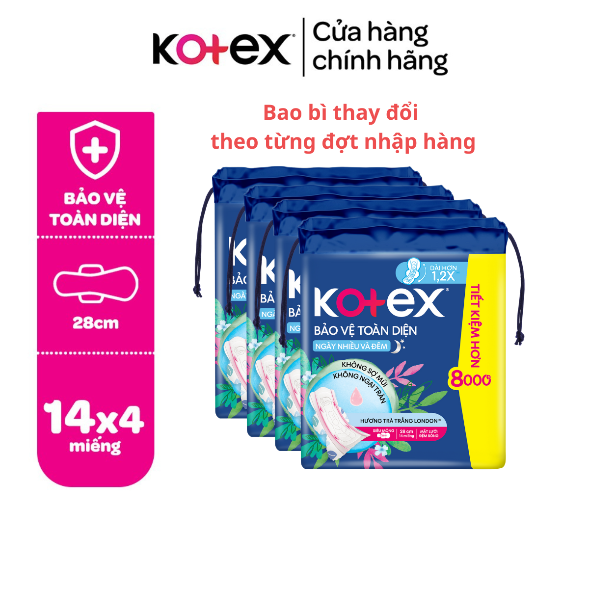 Lốc 4 Gói băng vệ sinh Kotex Bảo Vệ Toàn Diện Ngày Nhiều và Đêm 28cm Siêu Mỏng Cánh 14 miếng/gói [Ba