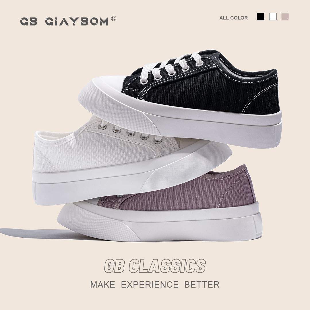 Giày Bata Nữ, Thể Thao Đế Cao Bánh Mì, Sneaker Vải Basic Cổ Thấp 3 Màu Trắng, Đen, Hồng giayBOM Classics B1362
