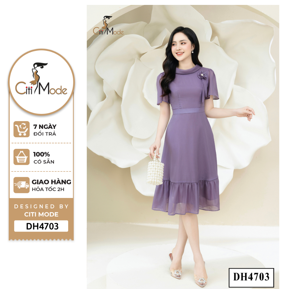 Đầm công sở citi mode fashion thiết kế xoè tơ tím cổ thuyền bẻ dh4703