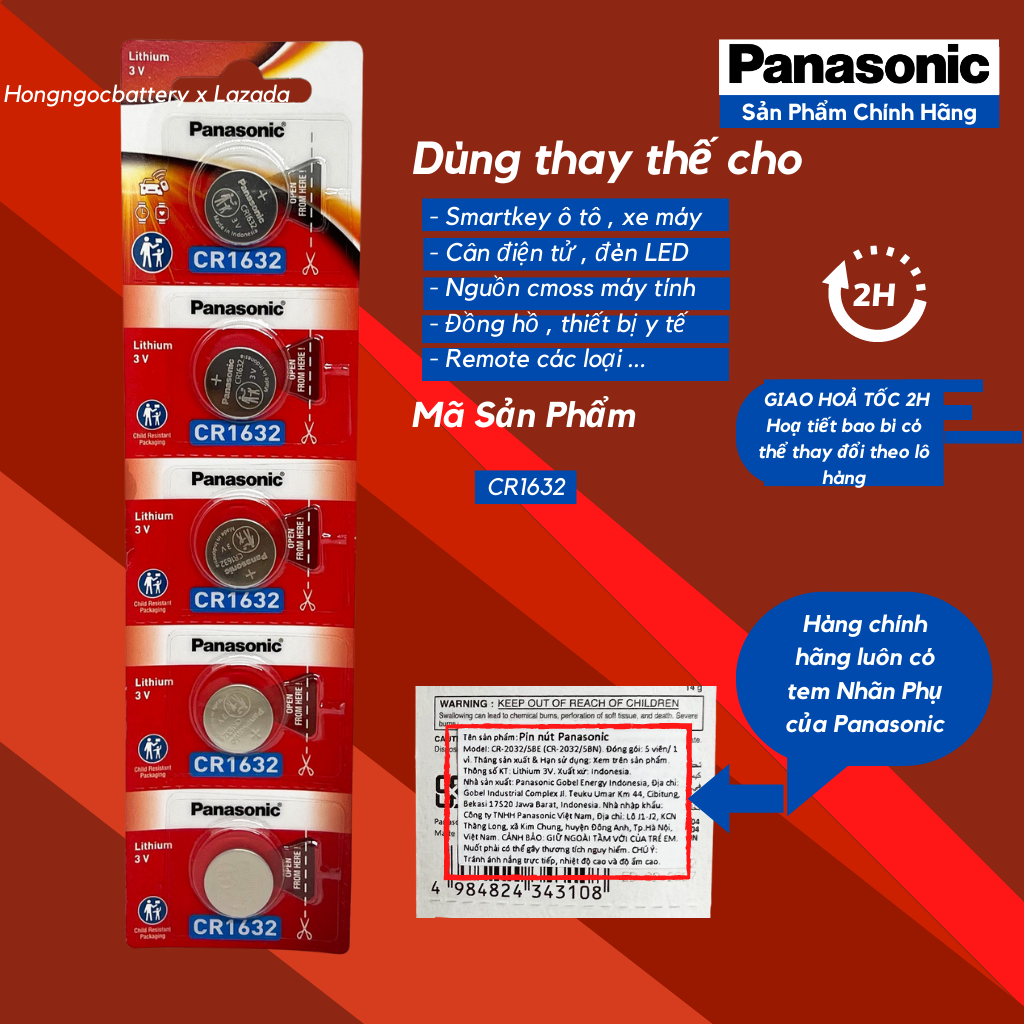 Vỉ 5 Viên Pin CR1632 Panasonic Lithium 3V Made In Indonesia - Hàng Chính Hãng