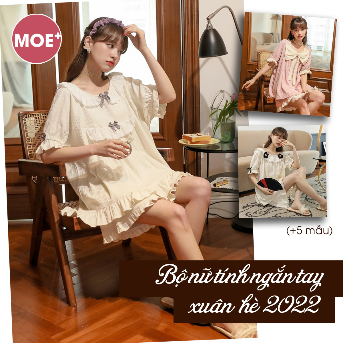 Bộ ngủ pyjama cotton nữ tính ngắn tay - moehn