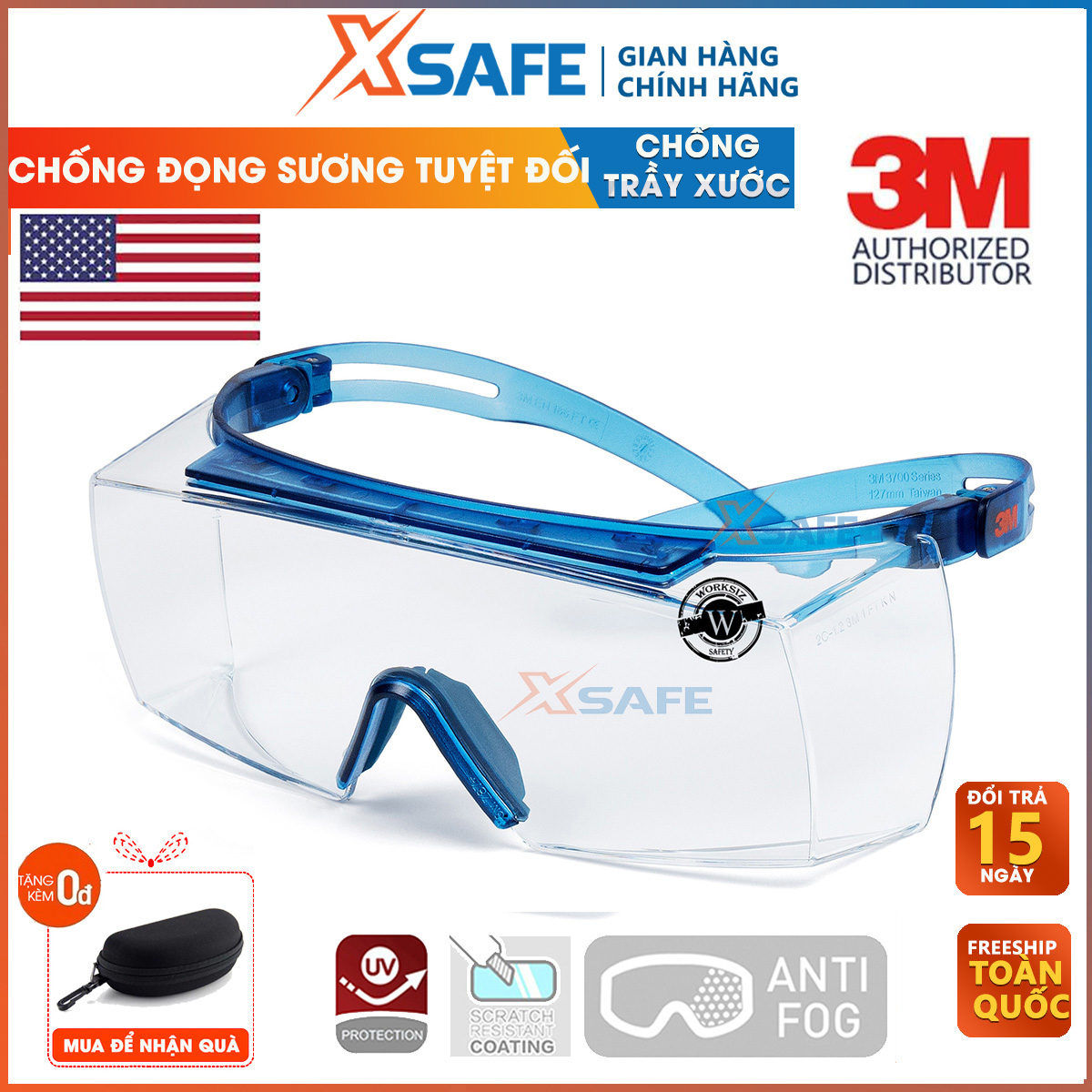 Kính lao động- Kính bảo hộ 3M SF3701ASGAF-BLU kính Super OTG đeo ngoài kính cận, chống trượt, chống hơi nước, trầy xước vượt trội, ngăn chặn tia UV, dùng cho lao động, thể thao, đi xe máy, phòng dịch, sản phẩm chí
